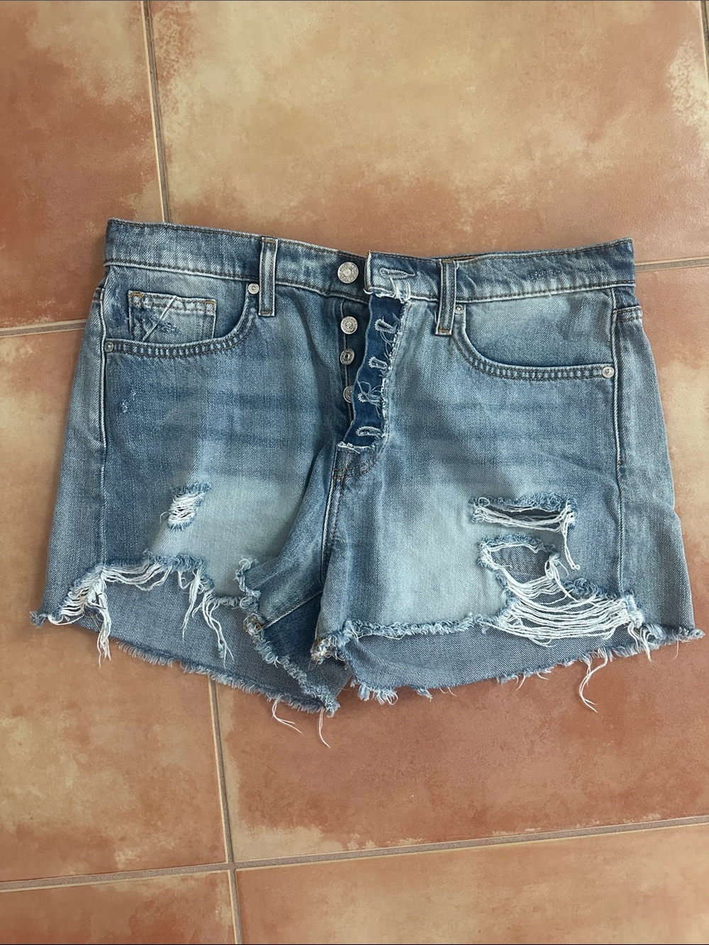 7 For All Mankind Light Blue Distressed Denim Shorts